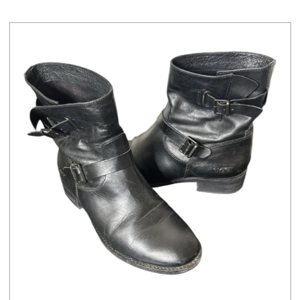 UGG Fletcher Black Leather Water-resistant Buckle Ankle Boots Women size 7